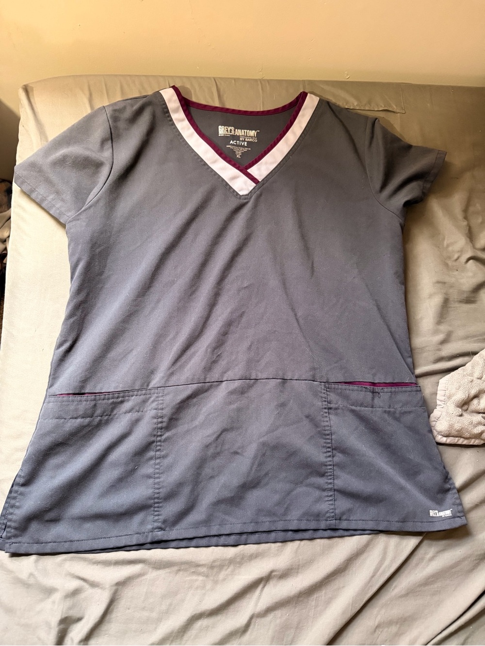 Grey's Anatomy Women's Grey Scrub Top with Maroon and White Trim